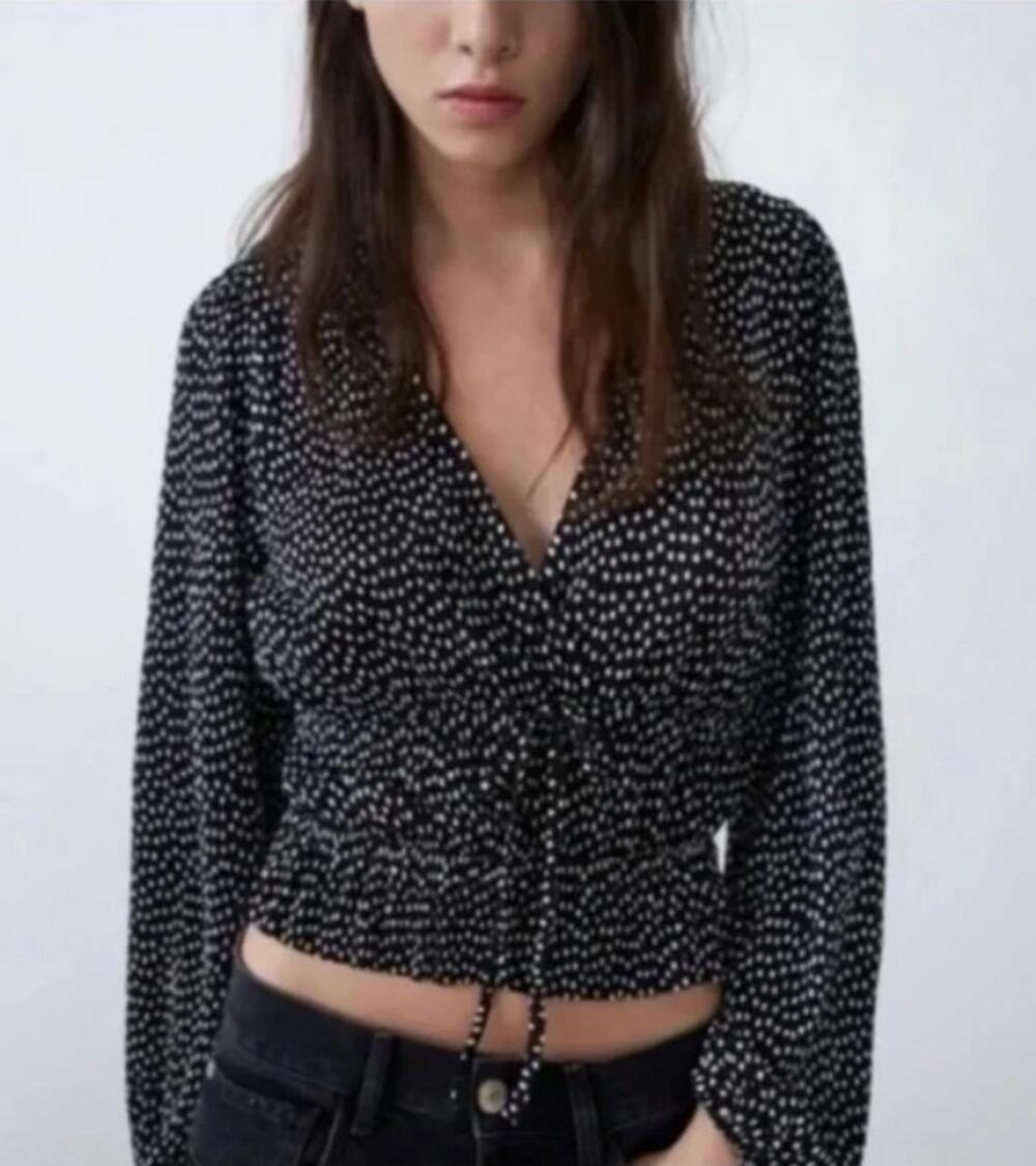 Zara Shirt Women's Small Black White Polka Dot Cropped Faux Wrap Office Siren